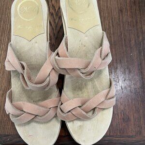 No.6 Tan Suede Braided Two-Strap Wooden Clogs. Size 38 (7.5)